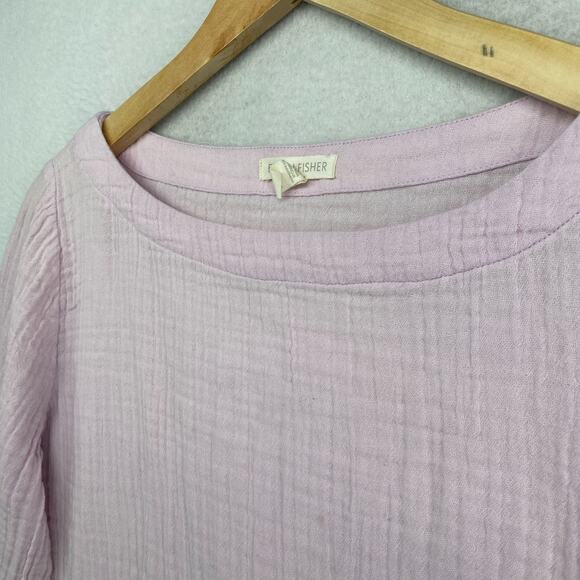 EILEEN FISHER Top XS Organic Cotton Crinkle Gauze Fringed 3/4 Sleeve Pink - Picture 2 of 12